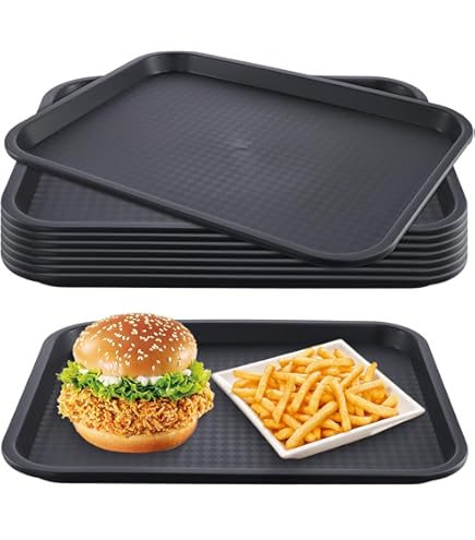 HEIYUET 8 stuks 35 x 27 cm plastic Fast Food-dienblad Zwart, Rechthoekige dienbladen Kunststof serveerblad Zwart kelnerblad antislip voor cafetaria, café, restaurants