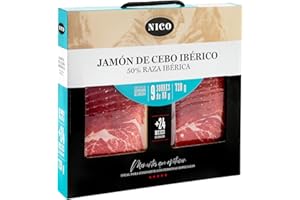 NICO JAMONES maletin PACK LONCHEADO DE JAMON DE CEBO IBERICO compuesto por 9 sobres de 80 gr. se carácteriza por su jugosidad y suave textura consecuencia de su grasa veteada infiltrada