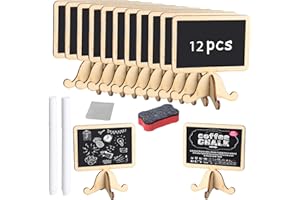 HJJMN Mini Chalkboard Signs Set, 12Pcs Small Black Chalkboard Signs for Labeling, Stand Eraser Small Wooden Blackboards, Blackboards for Message Signs with 2 Erasable Water-Soluble Pens, Cleaning Cloth