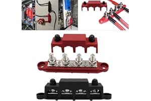 AULESSE 12V-48V DC Bus Bar Power Distribution Block 5/16" (M8) 4 Studs Heavy Duty Busbar Stud Terminal Junction Block with Cover and Ring Terminals 250 Amp for Cars RVs Ships Yachts (Red+Black)