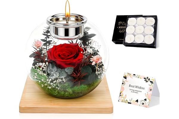 Evig rose i glas, present för kvinnor, odödliga bevarade blommor, för kvinnor, mamma, flickvän, rund glasbehållare med 18 doftljus, julklapp, festdagspresent