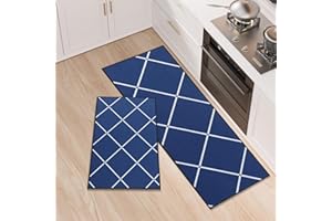 LY4U Kitchen Rug Set of 2, Washable Kitchen Floor Mats, Non-slip Runner, Absorbent Floor Mat for Entryway and Home Decoration Office, 43x75+43x120cm, Blue