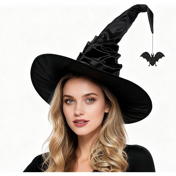 Lot 2 Chapeaux Sorcière Noirs Halloween - Large Bord Pointu Adulte Unisexe - Chauve-Souris & Araignée - Costume Sorcier Effrayant