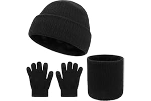 QKURT Kids Beanie Hat Scarf Glove Set, Children Winter Thermal Cap Neck Warmer Touch Screen Gloves Soft Warm Hat Scarf Mitten Colorful for 5-10 Years Old