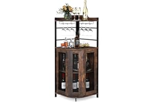 GIANTEX Armadietto Angolare Industriale Da Bar Con Supporto In Vetro, Armadietto Da Vino Con Ripiano Regolabile, Portabottiglie Vino Da Cucina Con Protezione, 130x47,5x47,5 cm (Marrone)