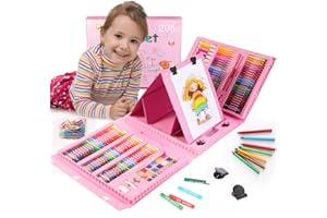 Cemirk Set artistico per bambini, 208 pezzi, con cavalletto biadesivo, pastelli, pennarelli e matite, regalo portatile per ragazzi e ragazze