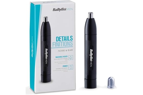 BaByliss Tondeuse Nez et Oreilles BaByliss - Système de coupe circulaire à 2 lames, Fonctionne sur pile, Acier inoxydable, Accessoires amovibles faciles à nettoyer, Noir, E650E