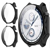 GIOPUEY [2 Pack Case for OnePlus Watch 2, Screen Protector + Hard Frame, Total Package Protection &ndash; Black+Black
