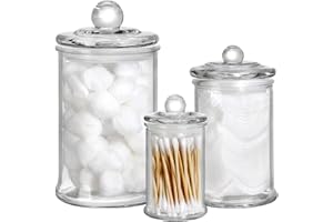Suwimut Set of 3 Glass Apothecary Jars with Lids, Bathroom Vanity Storage Organizer Clear Apothecary Jars Qtip Holder Canister Set for Cotton Swabs,Makeup Sponges, Mason Jar Bathroom Accessories Set