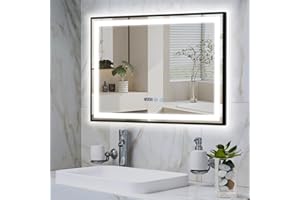 ‎YOURLITE YOURLITE Badspiegel mit Beleuchtung 80x60cm, LED Spiegel Bad, 3 Lichtfarben dimmbar, Badezimmerspiegel mit Touchschalter, mit Digitaluhr, Beschlagfrei, IP44