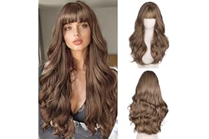 Fulang Hair Lang Braun Wellig Lockige Perücke für Frauen, perücke damen hellbraun, Natürliche synthetische Haar Perücke mit Bangs (hellbraun)