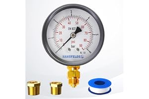 Hansfelds 2.5''Dial Fcae 0-6 Bar Dry Pressure Gauge Black Metal Case 1/4"BSP Lower Mount Polycarbonate Window Brass Internal and Connection Dual Scale bar/psi Accuracy 1.6