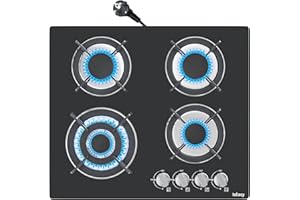 ‎ISEASY Glas Gaskochfeld, IsEasy 4 Flammig mit Automatischer Thermoelementschutz, Einbau Gaskochfeld, 4 Zonen Gaskocher, Erdgas(20mbr)/Propangas(30/50mbr), Schwarz Glasherd, 60cm 7800W, 220-240V