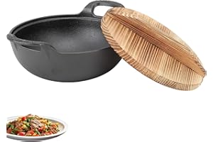 lvifloae Wok avec couvercle, sauteuse en fonte à 2 poignées, couvercle en bois, poêle, pour sauter, cuisiner, griller, cuire à la vapeur 20 cm
