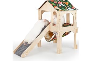Hedgeink Zwei-Etagen Meerschweinchen Haus aus Holz – Kaninchenstall mit Treppe, Hängematte & Matte – Eckiges Versteck für Kaninchen, Chinchilla, Hamster, Frettchen – 34 x 24 x 18 cm