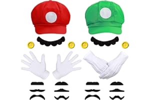 iZoeL Mario/Luigi Bros Chapeau Costume Mario Villain Bros Deguisement Halloween Accessoires Gants Mustaches - Costume Halloween/Carnaval/Cosplay pour Enfant Homme Femme