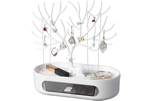 penobon Arbre Présentoir à Bijoux, Support Arbre Bijoux en Plastique avec Tiroirs, Porte Bijoux pour Boucles d'Oreilles, Colliers, Bracelets, Montres et Bagues (Blanc & Transparente)