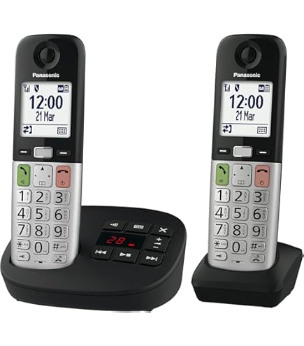 Panasonic KX-TGU132EXB digitale draadloze telefoon met antwoordapparaat, basisunit en 2 toestellen, LCD-scherm, grote knoppen, favoriete oproep, gehoorapparaat-compatibele functie, zwart