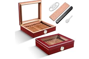 CLZOONG Zigarren Humidore Spanisches Zedernholz, Eleganter Humidor mit Hygrometer und Befeuchter & Zigarrenschneider Zedernholz Humidor Etui Zigarren-Desktop-Box Geschenke für Männer (Rot)