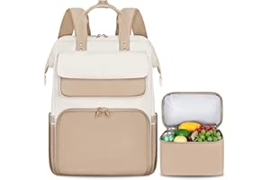 BERTASCHE Lunch Backpack for Women, 15.6 Inch Laptop Backpack with Insulated Cooler Lunch Box, Work Bag for Teacher Nurse Travel College Picnic, Khaki-Beige