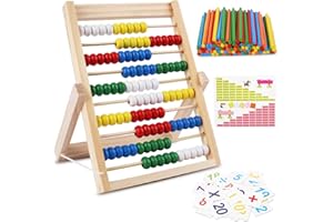 RNHDLY Rechenschieber Rechenrahmen 1. Klasse, Abakus für Kinder Ab 3 Jahren, Holz Rechenschieber 100 Mit 100 Zählstäbchen, Zahlenalphabetkarten, Lernspielzeug