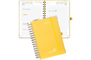 POPRUN Agenda 2024 Journalier Spirale 21,5 x 14,9 cm, 1 Page par jour de jan 2024 à déc 2024 avec Couverture Rigide, Poche intérieure, Papier Certifié FSC®80 g/m²- Jaune Clair