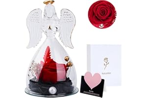 KIMIGO Ángel Rosa Eterna,Rose Eternelle,Flor eterna,Angeles Figuras para el Hogar,Rosa Eterna en Cúpula de Vidrio Ángel,Flores Eternas con Figura Ángel,Flores Eterna con Figura Ángel Regalo Madre