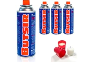 ZEMO Cartuchos de gas Butsir B-250,Botella de gas butano con válvula de seguridad de 227g,Camping gas para aparatos de cartucho de válvula acorde con la normativa europea+Incluido 3 Velones (LOTE 4)