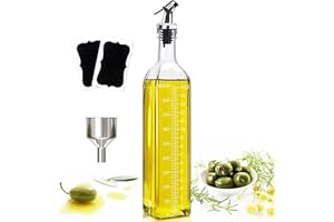 Showvigor Botella Aceite, 500 ml Dispensador de Aceite con Embudo, Tapa Antiincrustante, Aceitera de Vidrio con Escala Transparente, para Cocina y Barbacoa