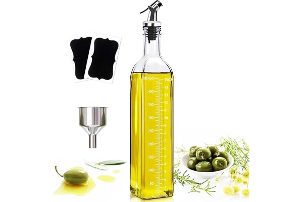 Bouteille/Distributeur D'huile D'olive 500 ml, Entonnoir en Acier Inoxydable et Étiquettes, Récipient avec Graduation Transparente, pour Cuisine et Barbecu