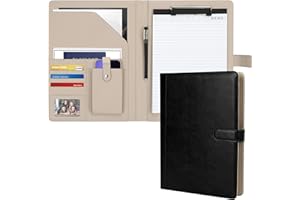 CLASSYCOO Faux Leather Conference Folder - Portfolio Folder - A4 Faux Leather Business Document Organizer with A4 Writing Pad, Document Bag, pencil clip,Business Card Holders for Business School Office (Black)