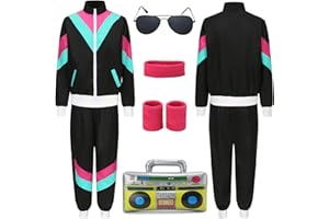 GEPLAIMIR 80er Jahre Kostüm Trainingsanzug Pop Art für Retro Stil Bad Geschmack Party Assi Anzug Proll Anzug Assi Jahre 80er 90er Jahre Outfit Kleidung Accessoires für Damen Herren Jogginganzug Rosa G045M
