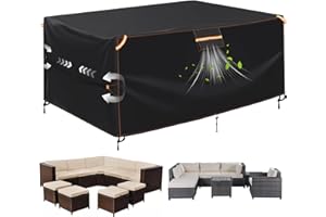GARPROVM Patio Furniture Covers Waterproof, 250x210x90cm Outdoor Furniture Cover, 420D Garden Sofa Cover with Vent, Straps, Handles, Buckles, Drawstring, Black + Orange Stitching + Reflective Strips