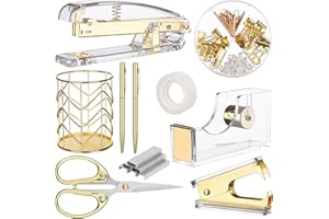 HAOWANWW Goldenes Bürobedarfsset Schreibtischzubehör-Organizerset für den Schulanfang Acrylhefterset Heftklammerentferner mit Stifthalter Hefterbandhalter transparenter Kleber Heftklammern