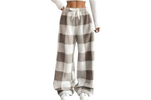 NSICBMNO Fleece Trousers Women Plaid Pyjama Bottoms Wide Leg Lounge Pants Elasticated Waist Trousers Warm Fluffy Pj Bottoms Thermal Leggings Flared Yoga Pants Winter Loungewear Sleepwear