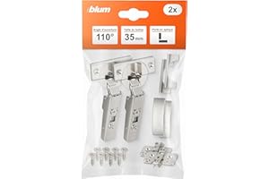 Blum Clip Top Lot de 2 charnières droites à 110 ° pour meuble, avec ressort, vis, butée d'angle + clip Blum Clip, plaque de montage en croix excentrique, acier, vis, distance 0 mm