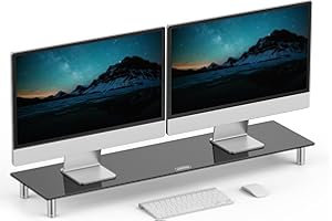 VonHaus Black Glass Monitor Stand for Desks, Height Adjustable Dual Screen Riser, 100x26cm Tempered Glass Monitor Stand w/Aluminium Legs, 20Kg Capacity
