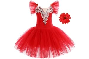 IWEMEK Vestito Ragazze Danza Classica Classico Body con Paillettes Ricamo Bambina Tutu Tulle Ballerina Principessa Swan Lake Abito Outfit con Forcine Pattinaggio Ginnastica Yoga Artistico Costume 4-14 Anni