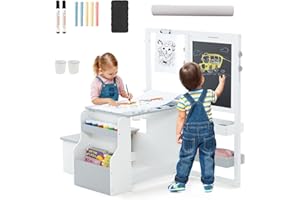 LIFEZEAL Mesa Infantil con Banco, Juego de Caballete con Pizarra de Doble Cara, Conjunto de Mesa y Silla para niños de 3+ años, Estante para Juguetes y Libros, Rollo de Papel y rotulador (Gris Claro)