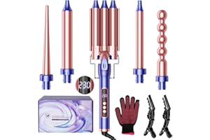 YIRISO Lockenstab 3 Fässer Welleneisen und Verschiedenen Aufsätzen 9-25mm für Kleine Große Locken, Keramik-Turmalin Lockenwickler, LCD-Display 80-230°C, Schnelle Erwärmung, Multistyler 5 in 1