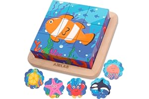 Airlab® Puzzle in Legno per Bambini, 9 Pezzi, Giocattoli Educativi in ​​Legno Risveglio Bambino Montessori, Giochi Blocchi Cubo di Legno Regalo Pasqua Halloween Natale Ragazzi Ragazze, Animali Marini