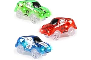 Funmo Circuit Voitures de Courses, Circuit Voiture Enfant, Pack de 3 (Voiture de Course Rouge Vert, Voiture de Police Bleu) avec 5 lumières Clignotantes LED Jouets Magiques