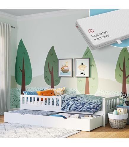CLAMARO Kinderbett 'Traumland' 70x140 Cm Inkl. Matratze, Lattenrost & Bettkasten – Motiv: Princess With Pony
