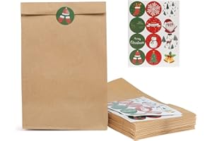 Kesote 48 Natale Sacchetti di Carta Kraft + 48 Adesivi di Tenuta Sacchetti Natalizi per Regali, Alimenti, Caramelle, Dolci, 27 x 15 x 9 CM