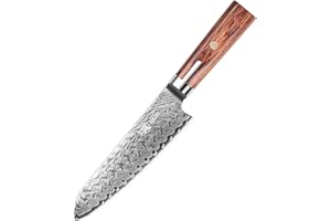 MITSUMOTO SAKARI Cuchillo Santoku Japones, 18 cm Cuchillos Cocina Full Tang, Cuchillos Carne Damasco Forjado a Mano (Mango de Pakkawood y Caja de Sándalo)