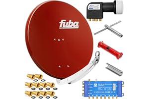 Fuba 8 Teilnehmer Digital SAT Anlage 85cm Schüssel DAA850R Ziegelrot + hb-digital UHD 414 S Quattro LNB 0,1dB HDTV 4K + UHD-MS 5/8 Multischalter + Aufdreh-Set + 24 vergoldete F-Stecker Gratis dazu