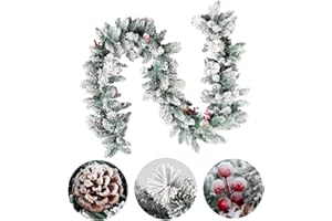 SHJOEE Guirnalda de Navidad, 1.8M Flocado Guirnalda de árbol de Navidad Artificial,Navideñas Coronas Navideñas con Bayas y Piñas de Pino,Decoracion de Navidad para Chimenea, Puerta, Escalera, Arbol de Navida