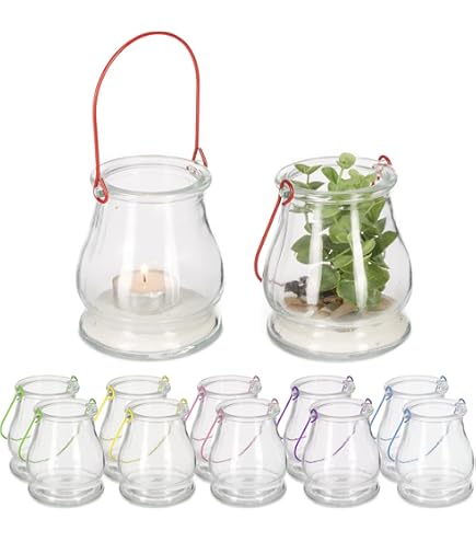 Relaxdays windlicht, set van 12, met hengsel, binnen & buiten, HxD: 7x6 cm, theelichthouder bruiloft, transparant/zwart