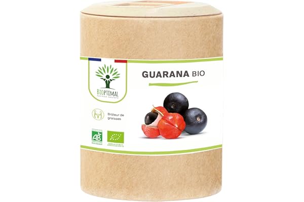 Guarana Bio - Bioptimal - Complément alimentaire - Brûle Graisse Minceur Énergie - 40mg de Caféine/jour - 250mg Poudre de Guarana Pur/Gélule - Fabriqué en France - Certifié Ecocert - 200 gélules