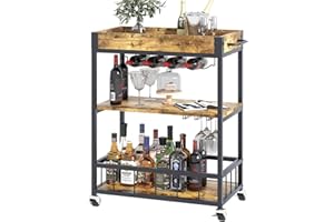 Huhote Servierwagen, Küchenwagen, Barwagen mit Rollen, Weinwagen mit Flaschenhalter, 3 Etagen, Getränkewagen für Wohnzimmer, Esszimmer, Küche, Bar, Party, Braun Holzmaserung